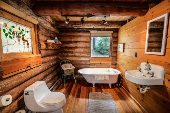 wooden cabin timber log cabin rustic bathroom