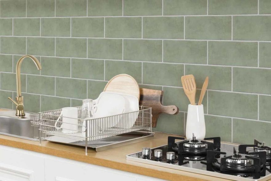 lime green subway tile pastel kitchen splashback