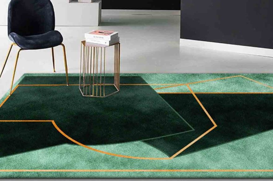 dark green velvet art deco rug for living room with gold geometric shapes