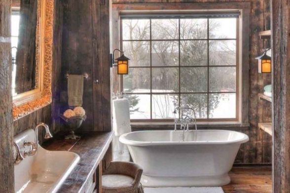 wooden cabin timber log cabin rustic bathroom