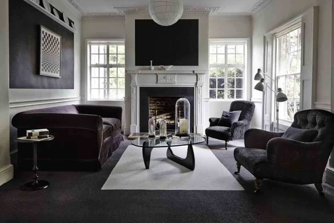 black living room carpet dark monochromatic look