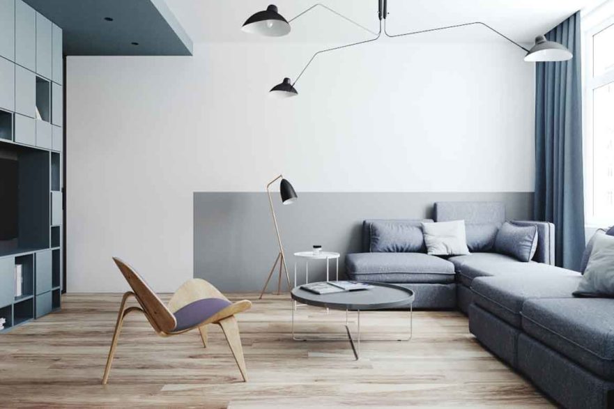 minimalist couch chair and lights industrial living room design grey feature wall