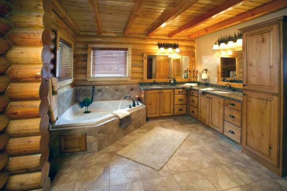 cabin bathroom bath feature focal point rustic white porcelain