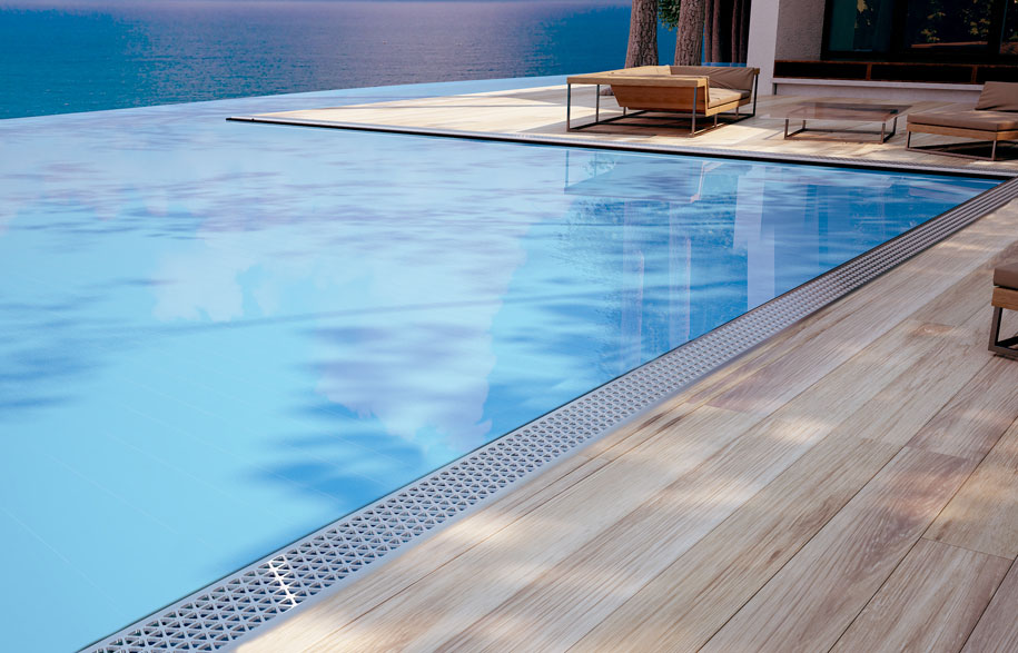 Special Assembly Linear Drain provides a sleek finish for pool surrounds