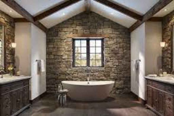 stone natural raw log cabin rustic bathroom