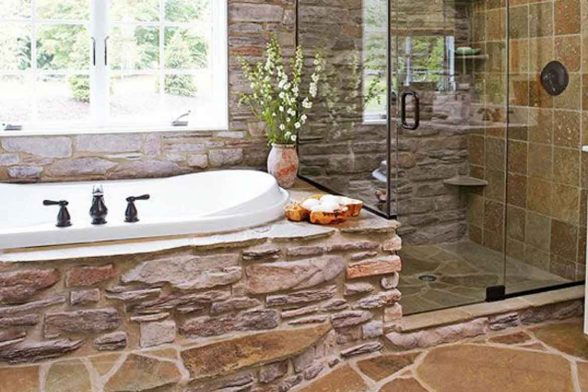 stone bathtub natural raw log cabin rustic bathroom