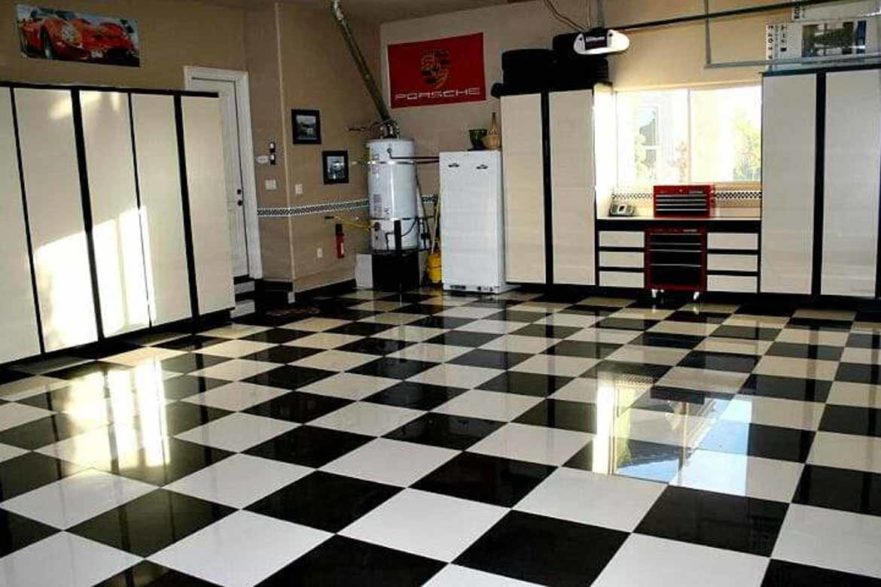 Checkered Design Garage Flooring and Checker Pattern Roll-Out Flooring by