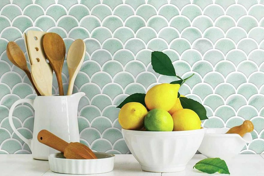 fish scale blue wall tile in kitchen backsplash