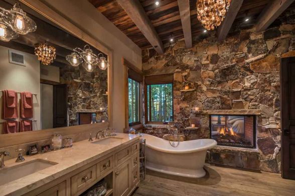 luxury expensive beautiful log cabin rustic bathroom