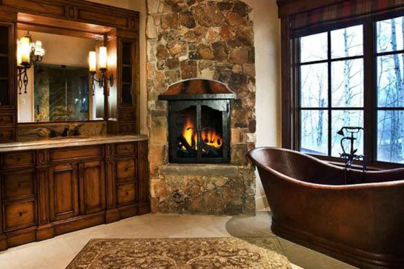 luxury expensive beautiful log cabin rustic bathroom