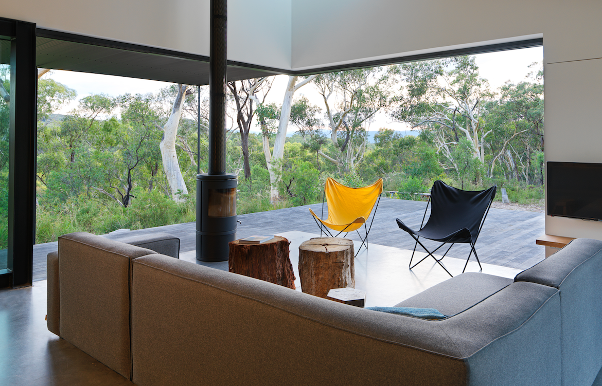 Fireproof Off Grid House's living room looks out over Megalong Valley.