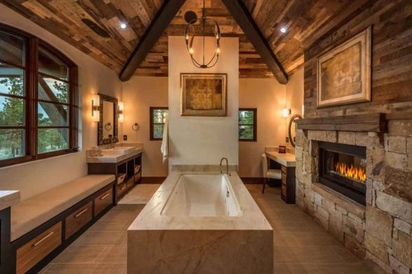 luxury expensive beautiful log cabin rustic bathroom