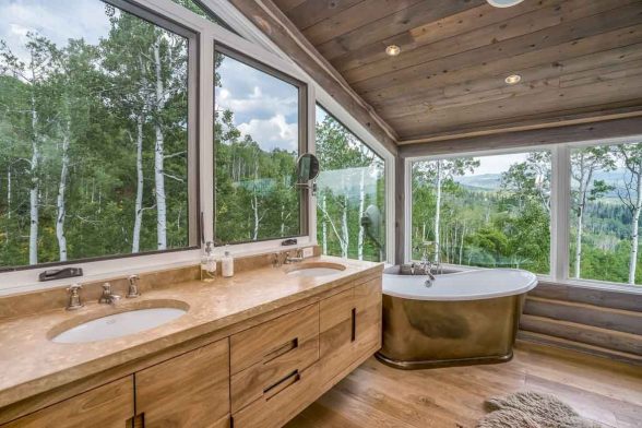 luxury window open light beautiful log cabin rustic bathroom