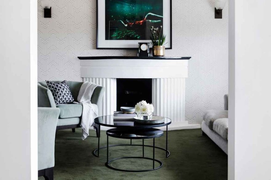 dark green carpet living room white walls and furniture art deco style
