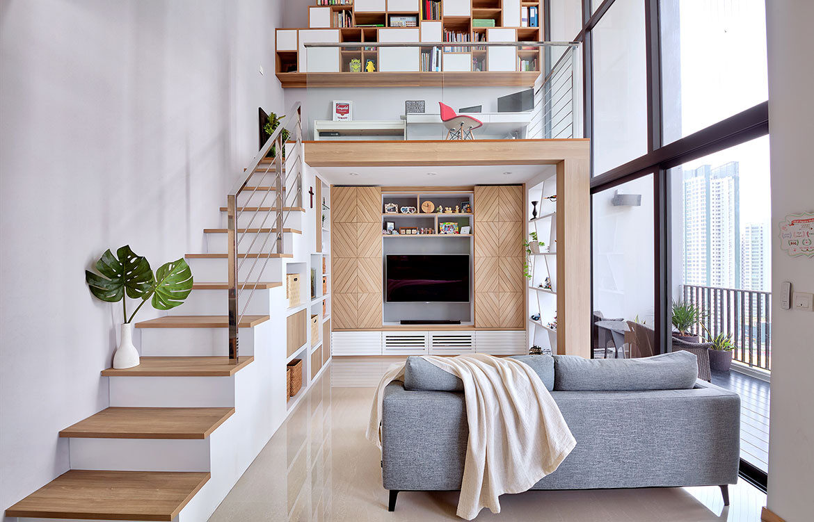 living room with loft