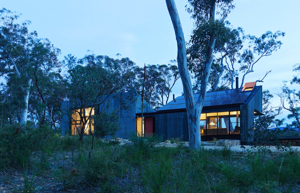 An external view of Off Grid House, surrounded by native trees, at dusk.