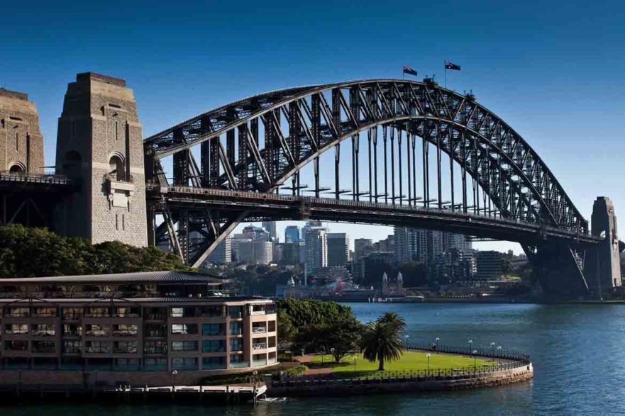 sydney harbour bridge seen from the opera house daytime bright blue sky beautiful