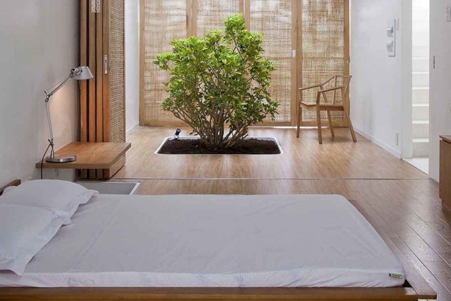 scandi japandi japanese minimal home design bedroom natural wall simple bed with tree