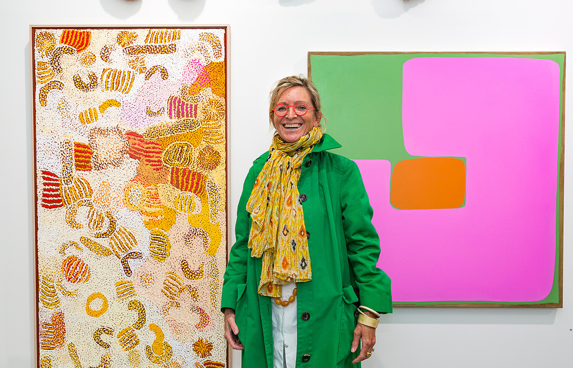 Art collector Nicky Townsend pictured with artworks from her private collection on exhibition at Shapiro Gallery during Art Month Sydney 2020