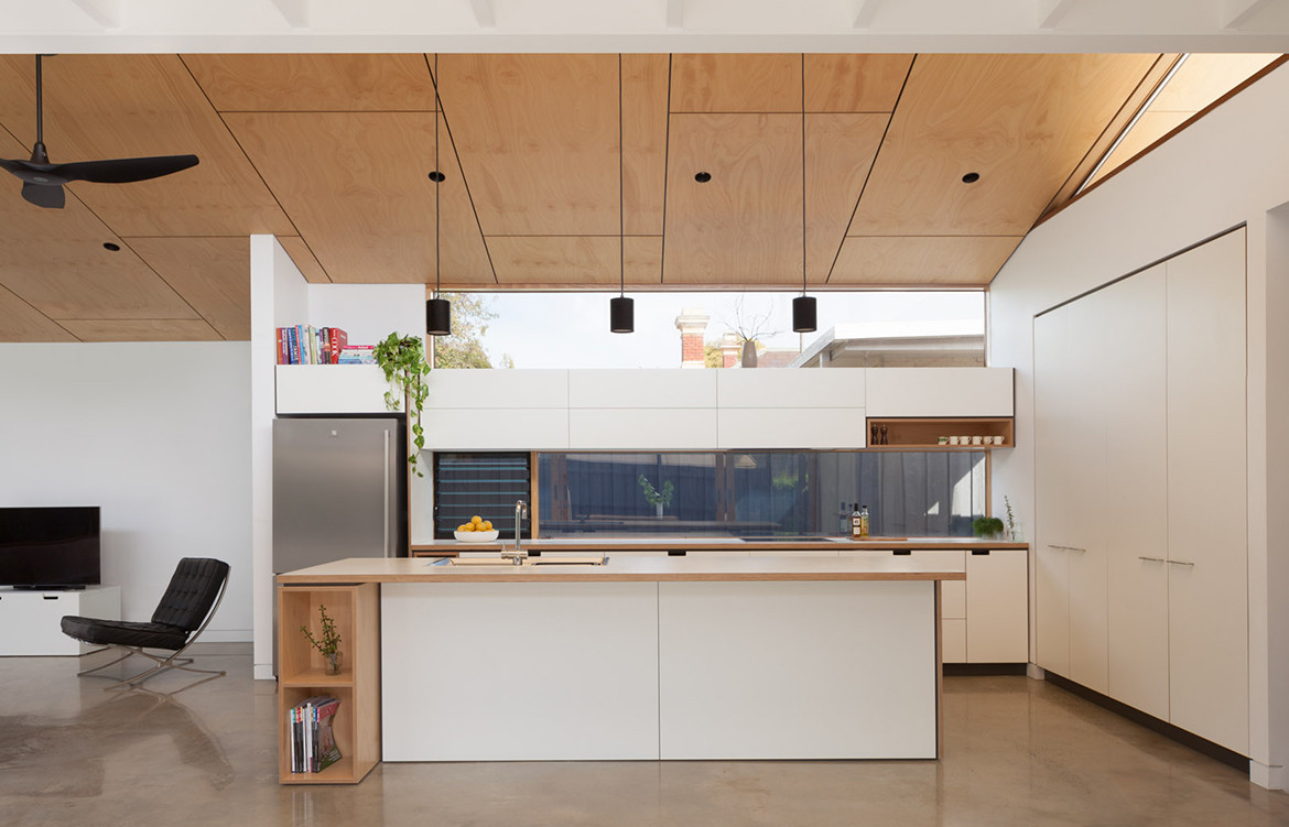 Sustainable design collaborations | Modern open-plan white kitchen design by Cantilever Interiors and Ben Callery Architects