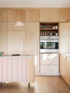 Art deco aesthetic built-in kitchen furniture design in Francis Apartment by Studio Weave