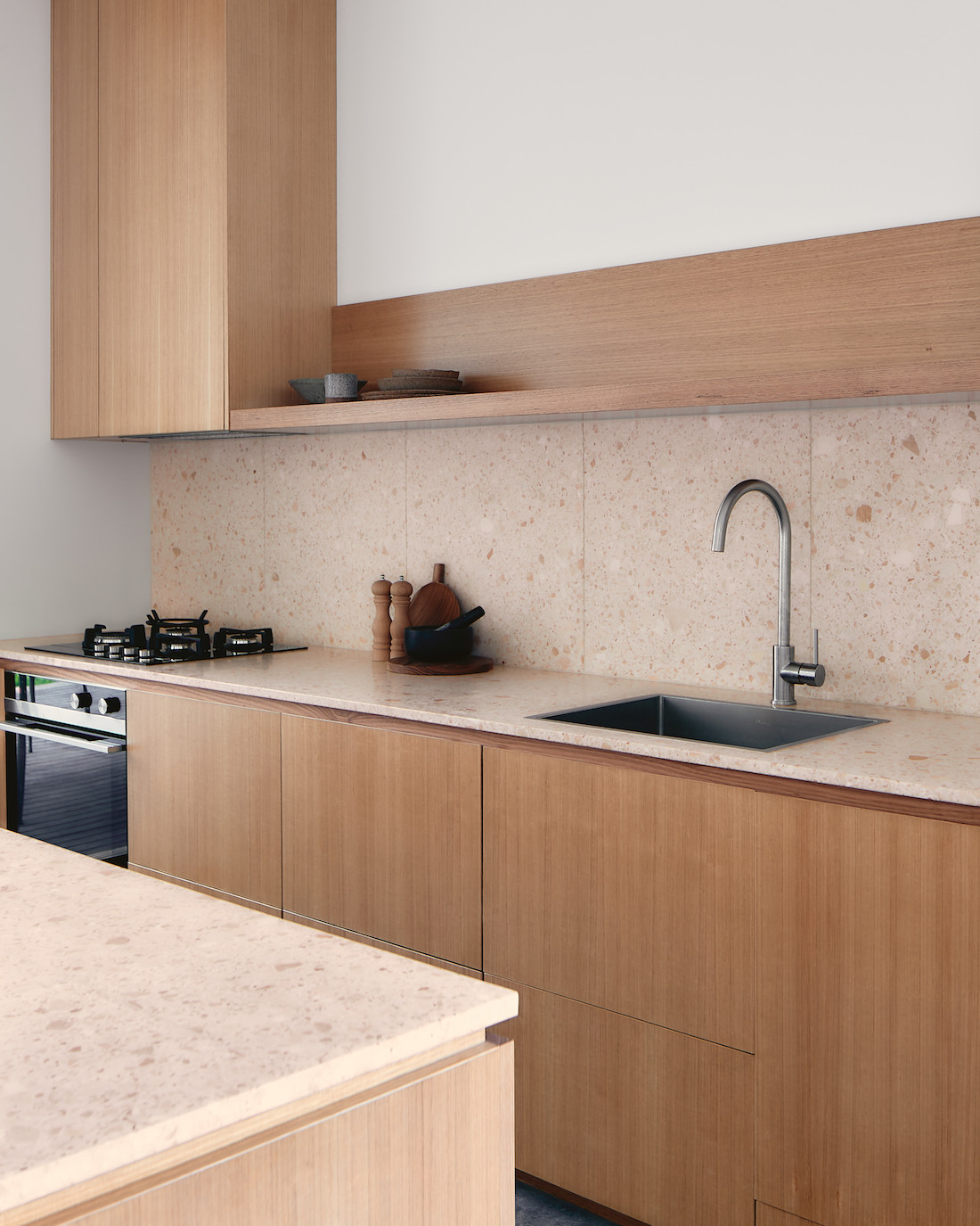 Nougat terazzo and Victorian Ash wood kitchen in A-CH's Yandina Sunrise home.