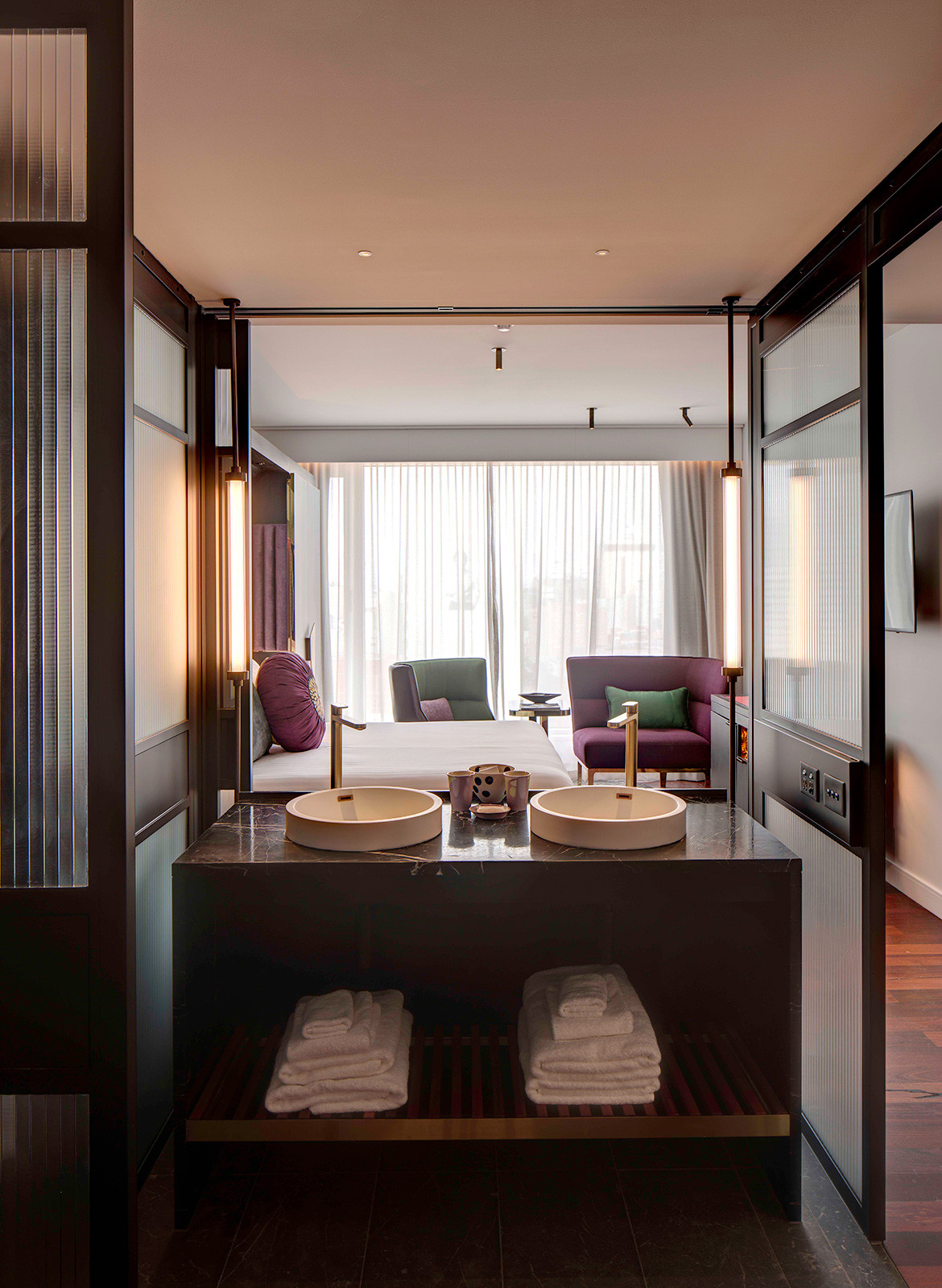 QT Hotel Perth Indyk Architecture vanity overlooking bedroom