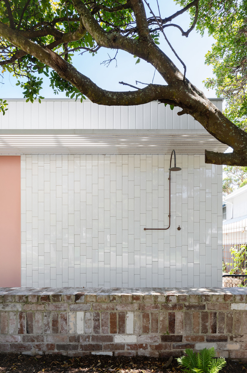 An exterior shower on Tribe Studio Architect's Bundeena Kit-Home.